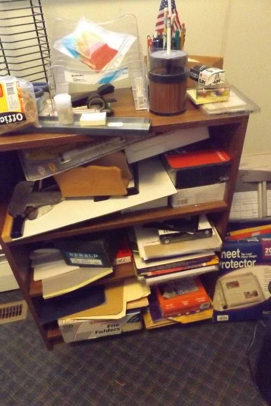 lot 464 image: Office shelf with office supplies including files, protectors, paper cutter, bags, much more