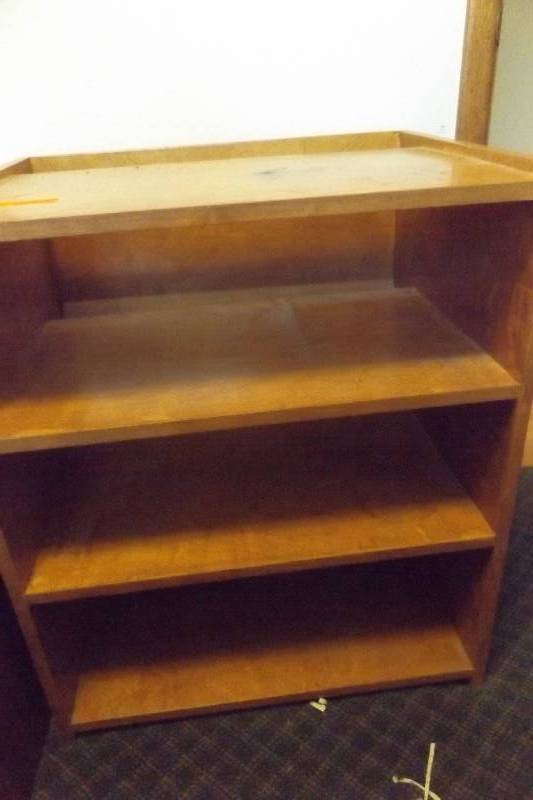 lot 471 image: Box of shelves, room on top for cords to go through, might be a good printer table