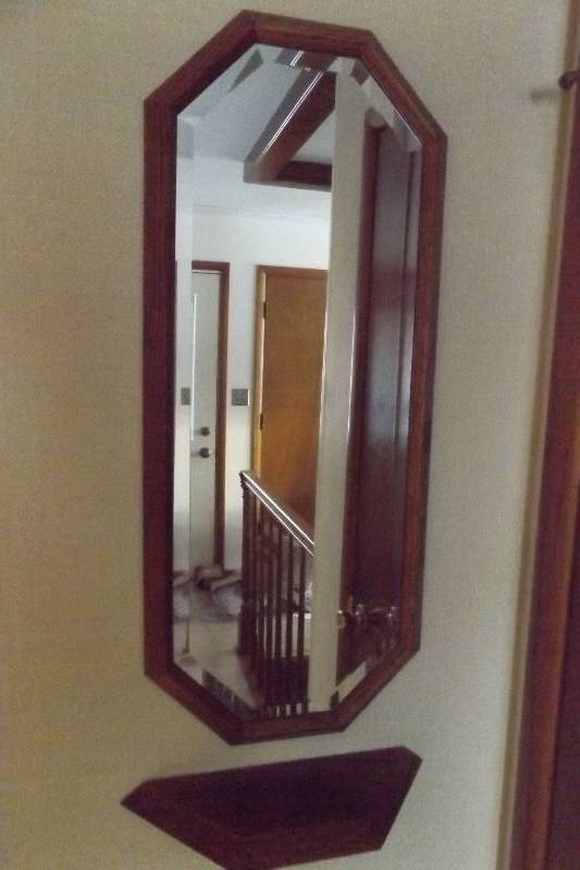 lot 474 image: Wood beveled wall mirror and curio shelf