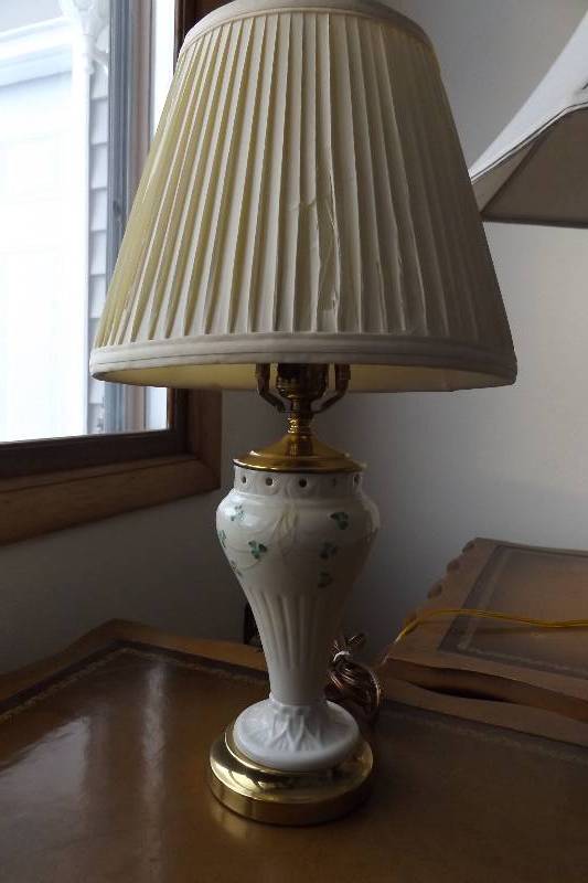 lot 479 image: Belleek China lamp, some damage to shade