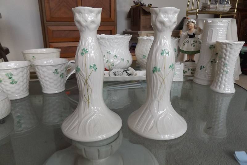 lot 481 image: Two Belleek china candlesticks