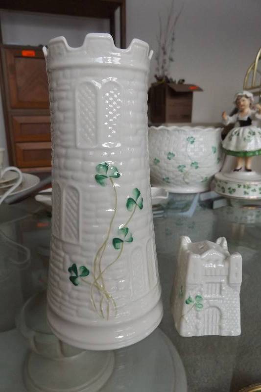 lot 483 image: Belleek china castle motif vase and bell
