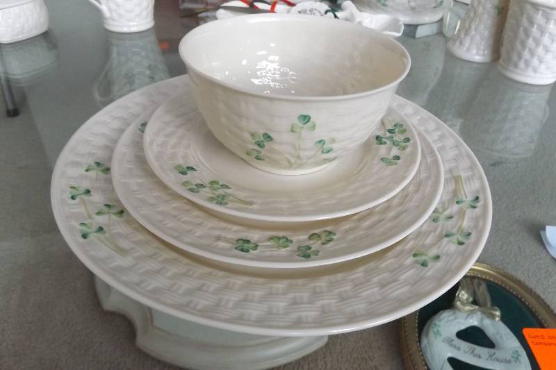 lot 485 image: Belleek china place setting including plate, salad plate, dessert plate, bowl