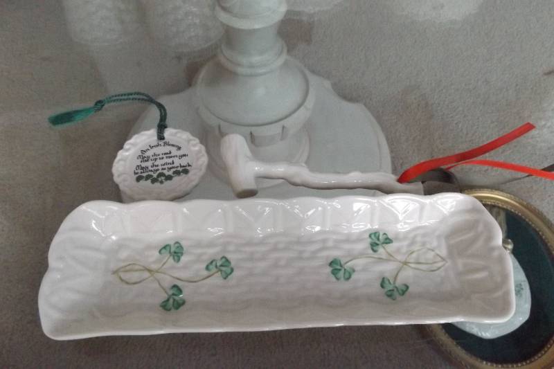 lot 488 image: Belleek china trinket tray, medallion, mini walking stick