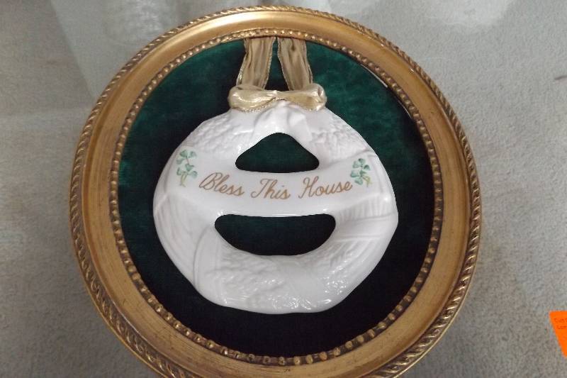 lot 489 image: Belleek china Bless This Home wall hanging