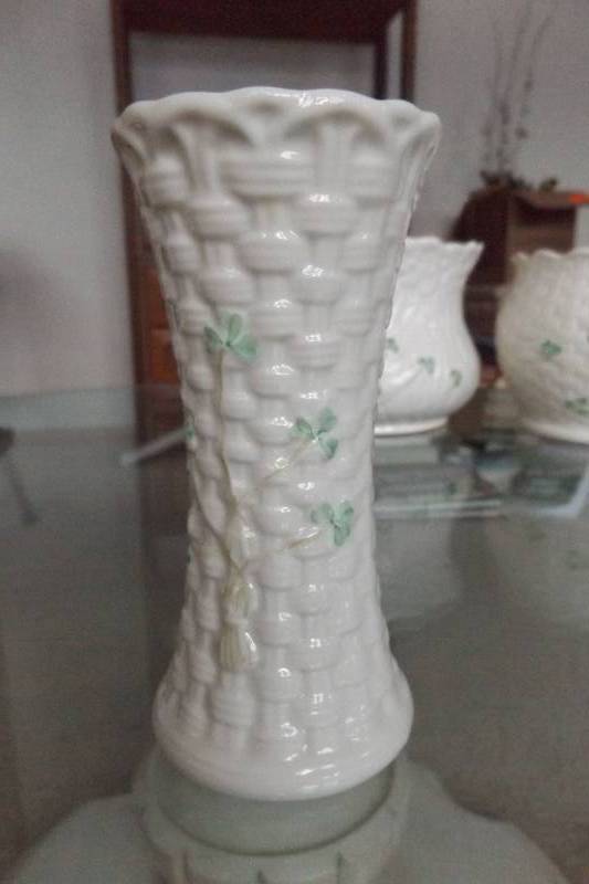 lot 493 image: Belleek china basket weave pattern vase
