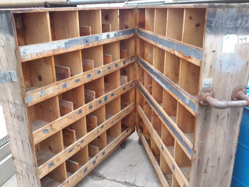 lot 144 image: Folding Parts bin.. All wood