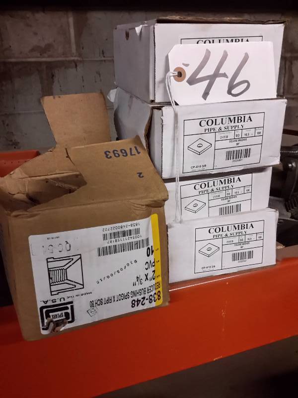lot 46 image: 4 Boxes of Columbia Square Washers, 1 Box Reducer  Bushings Spigot