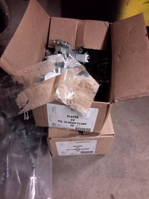 lot 48 image: 2 Boxes and 1 Bag of Plated 38 in Beam Clamps