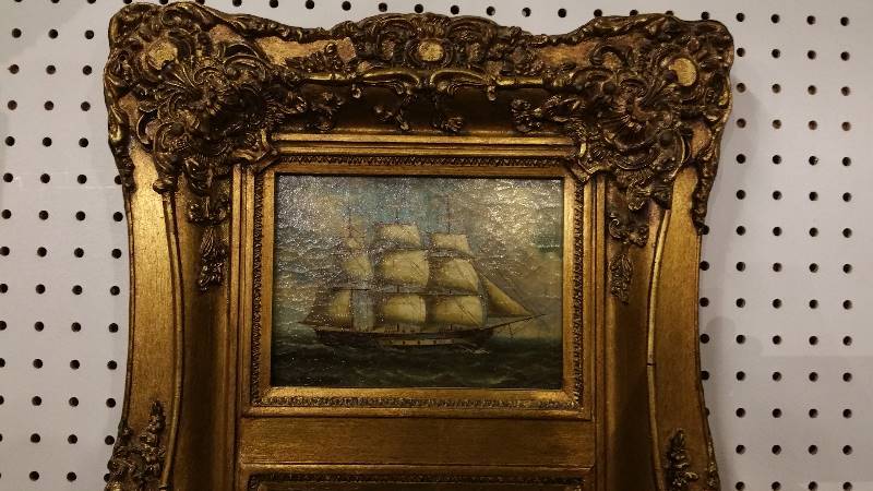lot 18 image: Ornate Gilded Mirror & Nautical Oil Painting