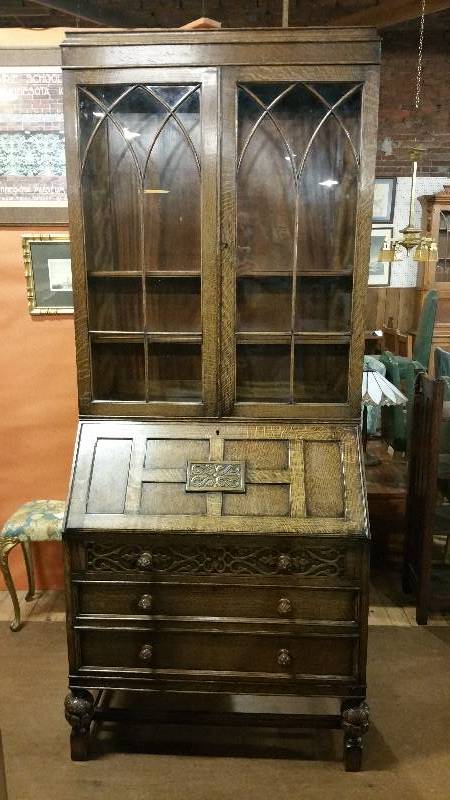 lot 5 image: English Gothic Influenced Carved Oak Bureau