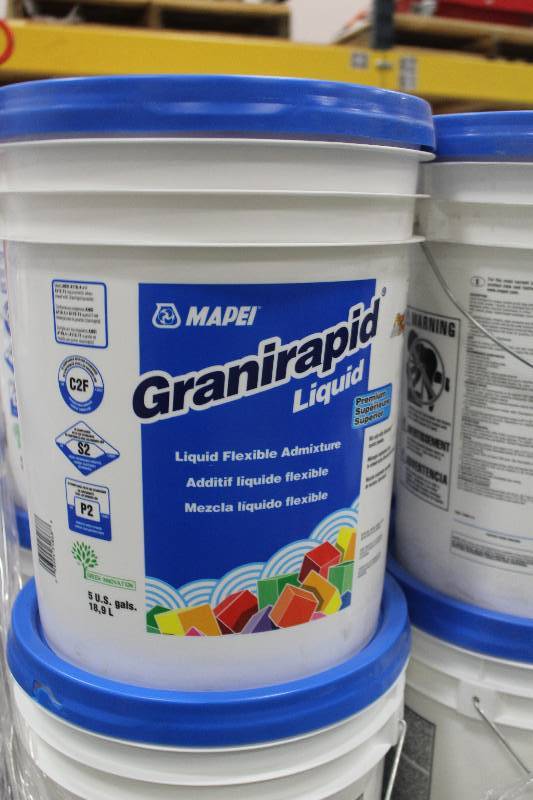 lot 65 image: Pallet Lot of (9) 5-Gallon Buckets Mapei Granirapid Liquid Flex Mortar
