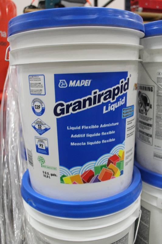 lot 64 image: Pallet Lot of (9) 5-Gallon Buckets Mapei Granirapid Liquid Flex Mortar