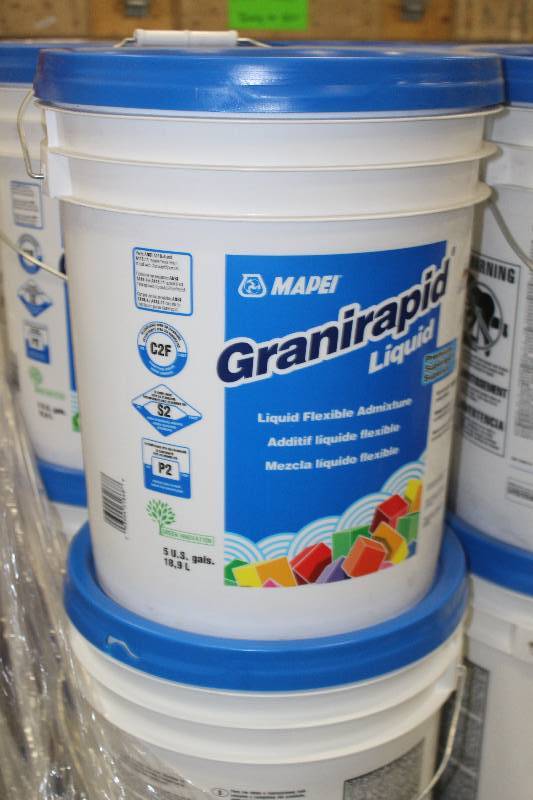 lot 63 image: Pallet Lot of (9) 5-Gallon Buckets Mapei Granirapid Liquid Flex Mortar