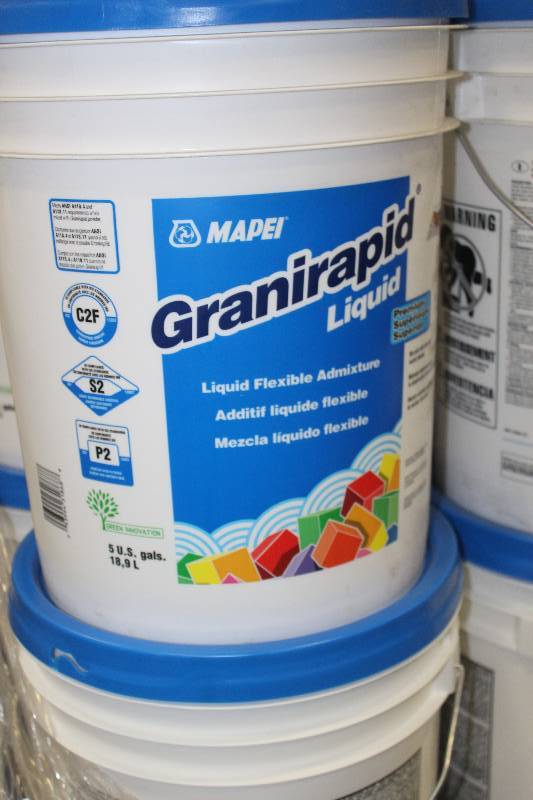 lot 72 image: Pallet Lot of (12) 5-Gallon Buckets Mapei Granirapid Liquid Flex Mortar