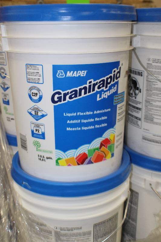 lot 73 image: Pallet Lot of (12) 5-Gallon Buckets Mapei Granirapid Liquid Flex Mortar