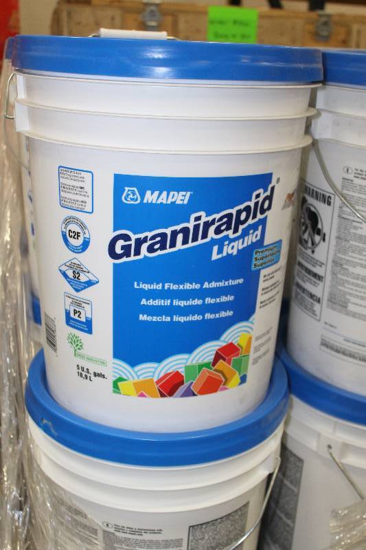 lot 74 image: Pallet Lot of (12) 5-Gallon Buckets Mapei Granirapid Liquid Flex Mortar