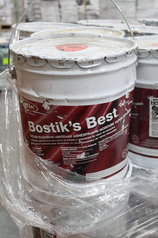 lot 78 image: Pallet Lot of (9) 5-Gallon Buckets Bostiks Best Wood Flooring Urethane Adhesive And Vapor Retardant