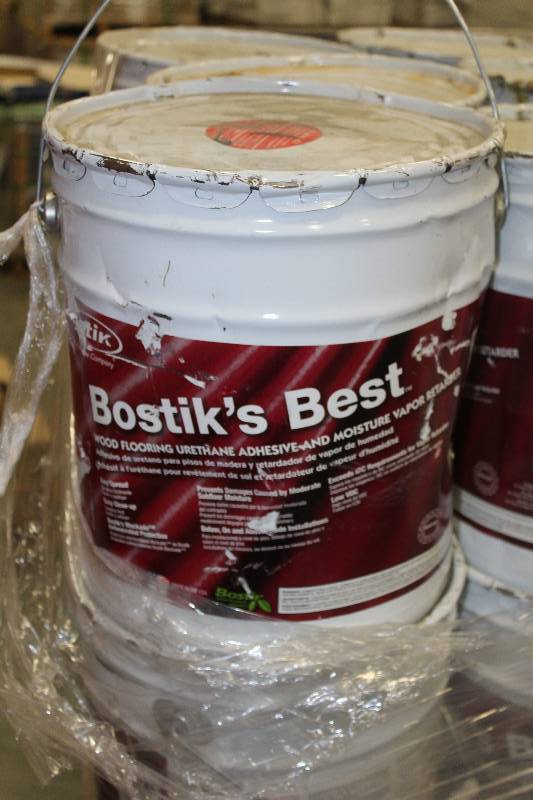 lot 77 image: Pallet Lot of (9) 5-Gallon Buckets Bostiks Best Wood Flooring Urethane Adhesive And Vapor Retardant