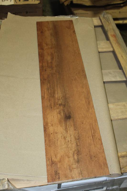 lot 108 image: Pallet Lot of (8) Boxes of Armstrong Commercial Natural Creations 36x8in. Weathered Oak Golden Brown Wood Vinyl Flooring
