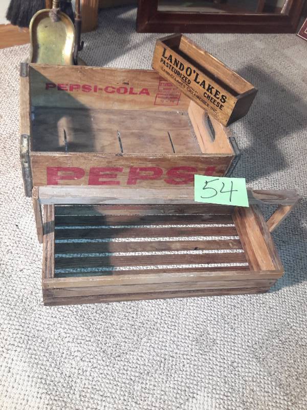 lot 54 image: Vintage Wood product boxes.. PEPSI, Land O Lakes, Wooden handled box.