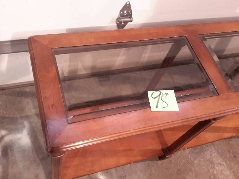 lot 98 image: Nice wood and Beveled Glass Sofa Table