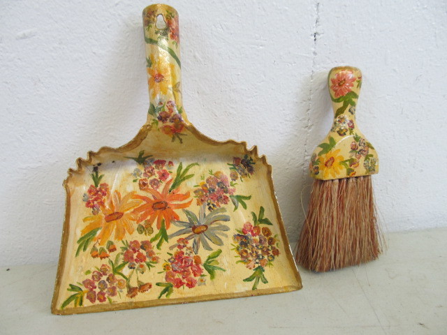 Vintage Signed & Dated 1947 Folk Art Broom & Dustpan