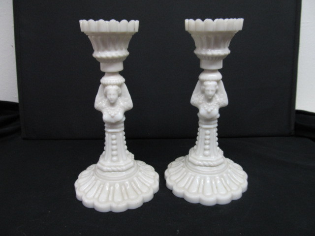 Antique Milk Glass Figural Candlesticks