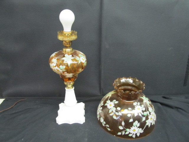 Vintage Amber Glass Table Lamp wMilk Glass Base