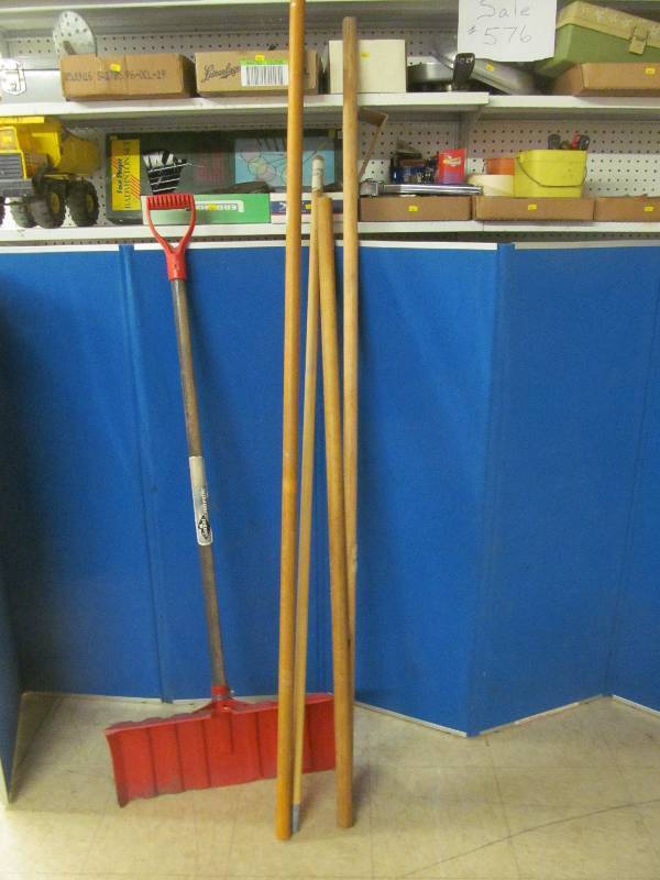 snow shovel, handle, wood clots rods