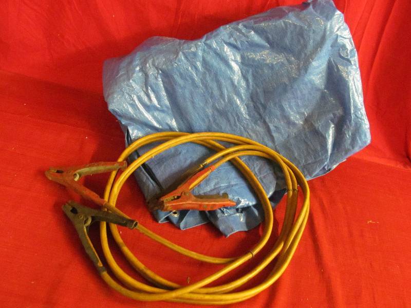 tarp, jumper cables