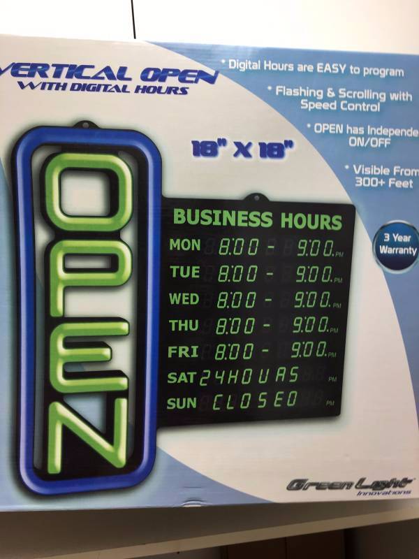 Vertical Electric Open Sign w Digital Hours