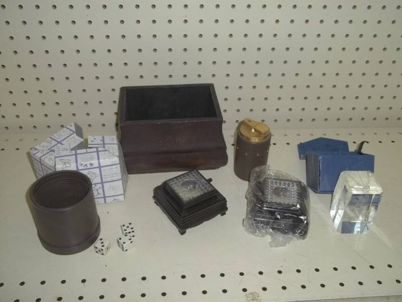 lot 99 image: Lighter, knick-knack box, dice cup with dice, and glass dcor