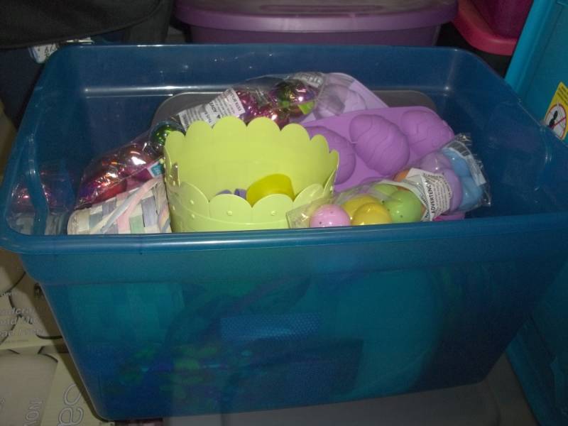 lot 116 image: Tote full of Easter supplies, Easter eggs and Easter baskets