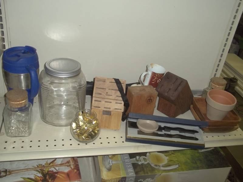 lot 125 image: 4 Knife blocks, large cookie jar, wood bowls, etc.