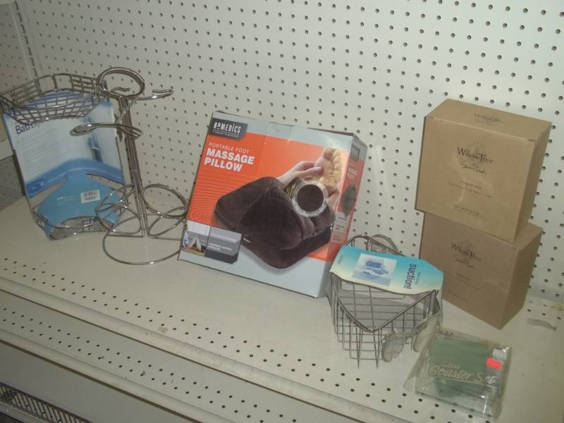 lot 162 image: Wine Holder stand, Shower baskets, massage pillow, misc dcor