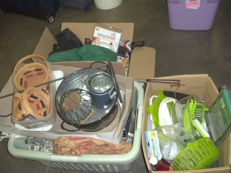 lot 203 image: Clothes Basket, wine glasses, long handled shoe horn, dcor baskets, and much much more