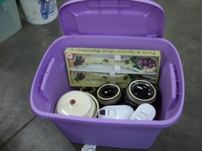 lot 217 image: Lavender Tote with 2 set of canisters and dcor fork & spoon set