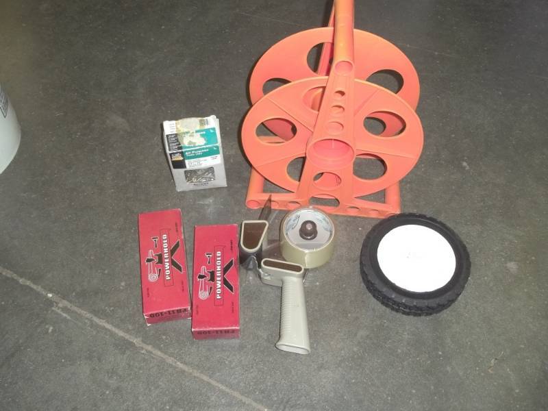 lot 237 image: Cord reel, tape dispenser, staples, screws