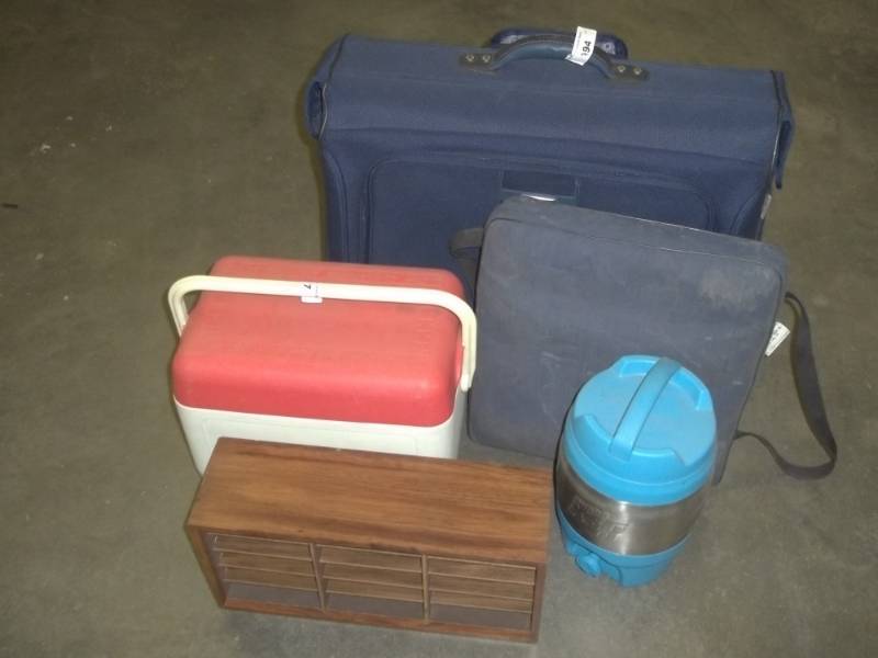lot 241 image: Suitcase, cooler, boat seat, CD shelf, Barrel cooler