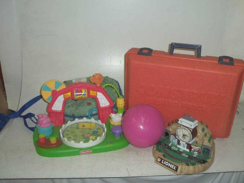 lot 278 image: Lot of toys, door jumper and fisher price tool box