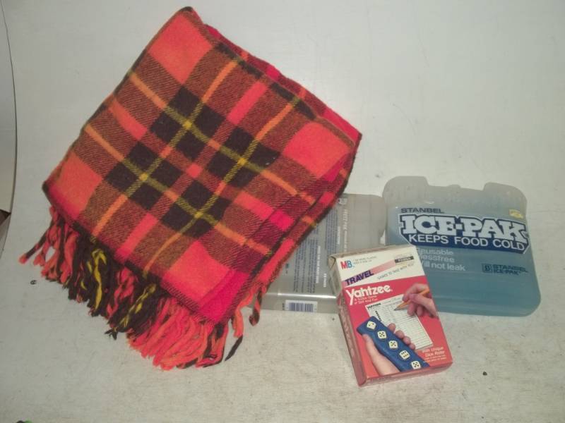 lot 304 image: Travel Yahtzee, 2 coolers and blanket