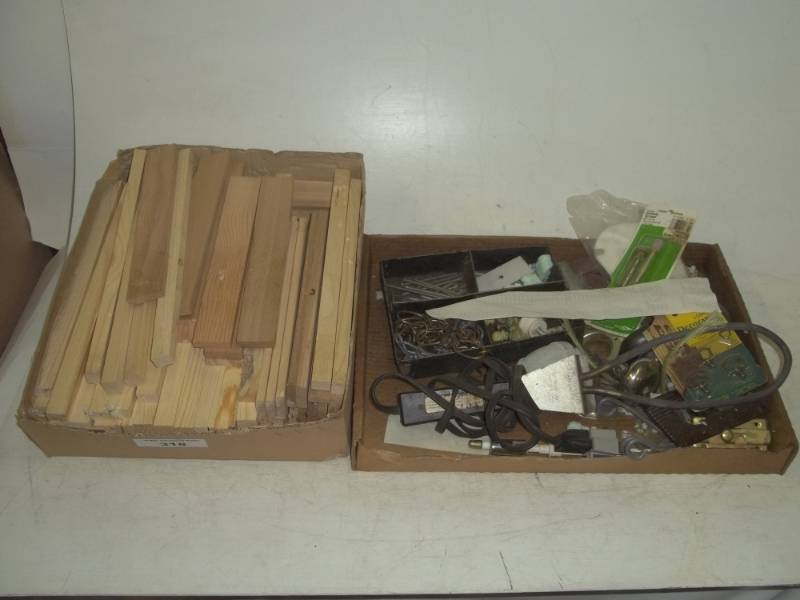lot 318 image: Box of wood pieces and box of miscellaneous items, pail heater, nails, etc.