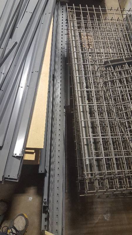 lot 131 image: Lot of (11) Steel Racking w Uprights, Crossbeams, Wire Shelves, Particle Board Shelves