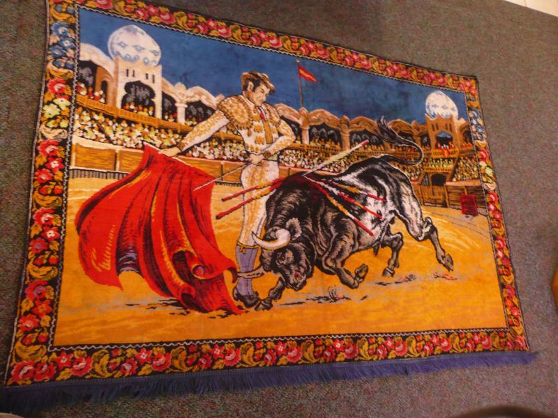 Large Vintage Bull Fighter Tapestry - Approx 61in wide by 48in high - Very Good Condition