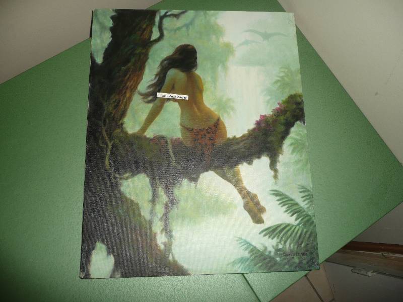 Vintage Canvas Art - Woman On A Limb - Good Condition - Nice Piece - Approx 16in wide by 20in high