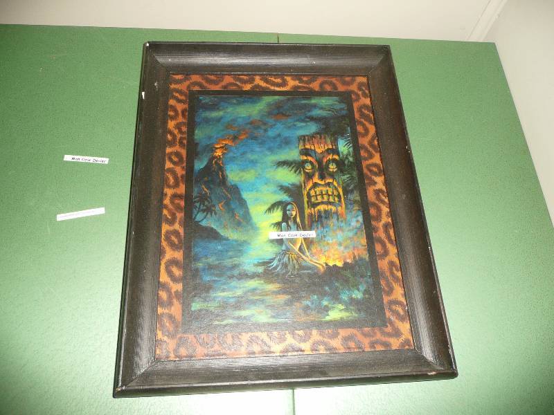 Vintage Art - Tiki Valcano Woman - Good Condition - Very, Very Cool Piece - Framed  - Approx 16in wide by 20in high