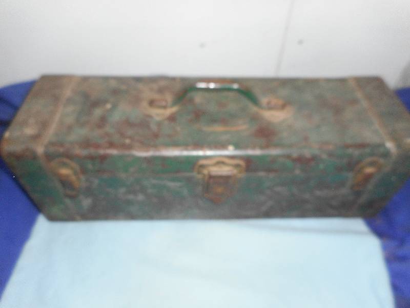 ANTIQUE METAL TACKLE BOX, VINTAGE AND ANTIQUE FISHING TACKLE SPEARS , RODS  , TACKLE BOXES