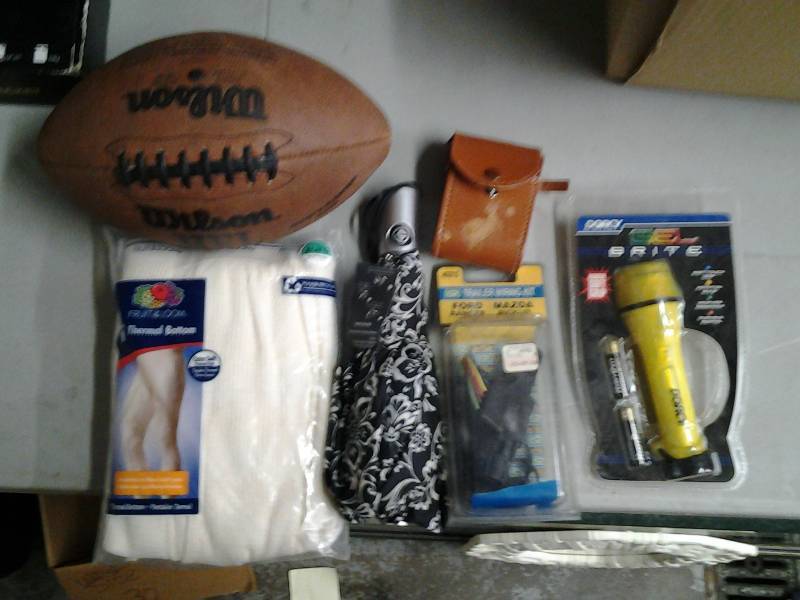 lot 7 image: Thermal Bottoms, Football, Flashlight, Trailer Wiring Kit, Umbrella