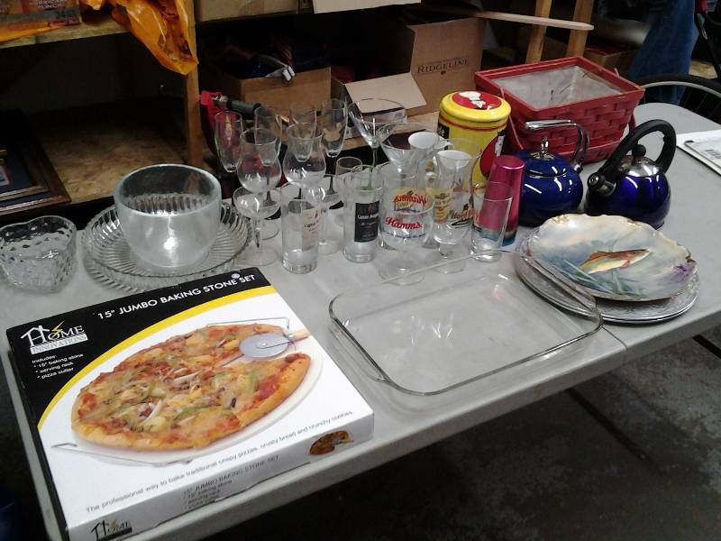 lot 14 image: Box Lot Kitchen Related-Pizza Stone, Tea Pots, Glassware, More
